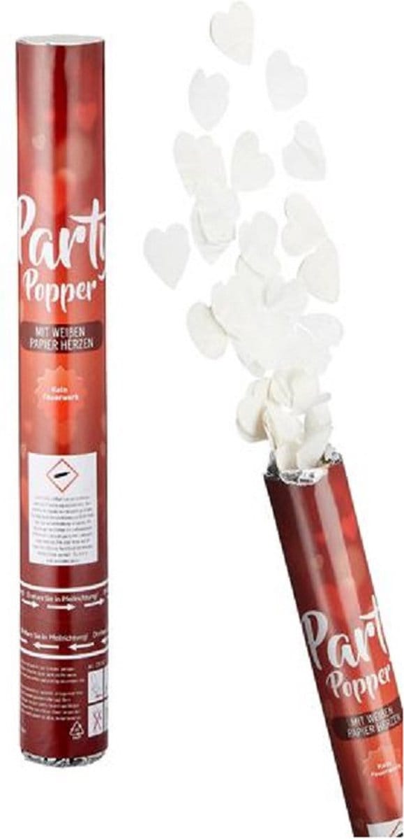 Cepewa Party popper/confetti shooter - valentijn/bruiloft hartjes - papier - wit - 40 cm