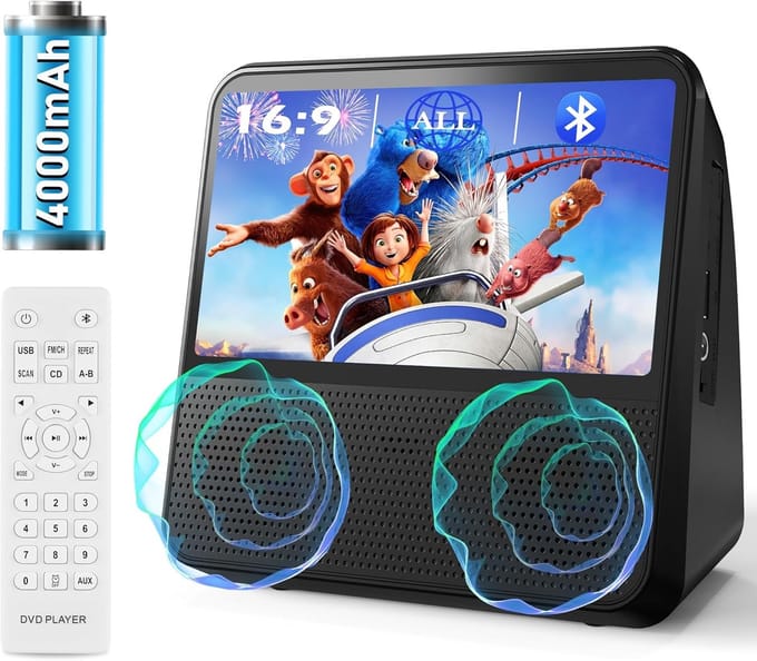 Draagbare DVD-speler met Bluetooth – Auto-DVD voor kinderen, 4000 mAh accu, USB/RCA/hoofdtelefoon, timer – Zwart