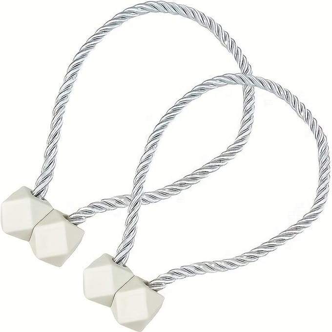 2 pièces Clips de Rideaux Magnétiques avec Corde en Polyester Robuste & Conception Sans Perçage, Forte Adhérence Magnétique, pour Décoration Intérieure Moderne, Décoration de Fenêtre 2pcs white