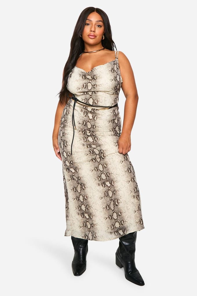 boohoo Dames Plus Snake Chiffon Cowl Maxi Jurk | Slangenprint | Maat: 56