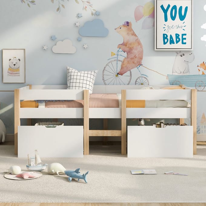 VVBV Kinderbed met Lade en Uitvalbeveiliging - Massief Grenenhout - 90x200 cm - Wit & Eiken