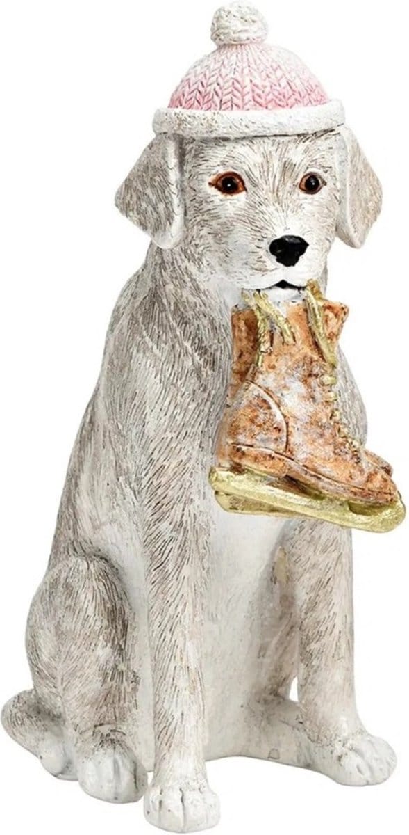Beeldje winterhond met schaats in de bek 15cm hoog