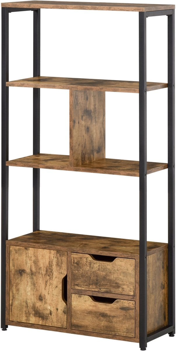 HOMCOM-Boekenplank-Metaal, Melamina de Madera-58x24x122 cm-Bruin Rústico