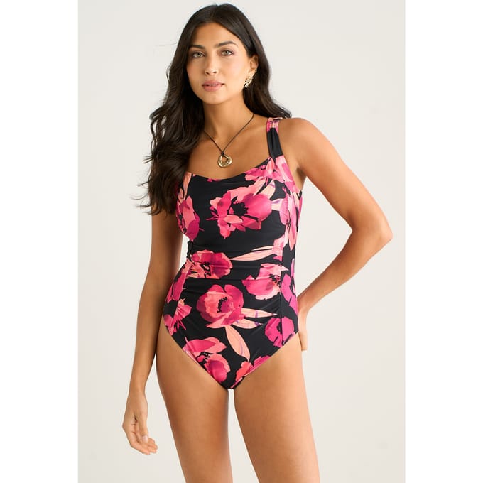 Bruin badpak met bloemmotief en ringdetails
