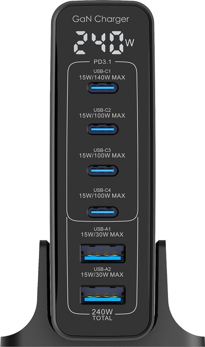 Rixus RX240 240W GaN Power Adapter With Digital Display Black