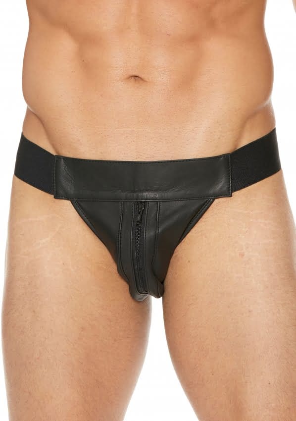 Gestreepte voorkant Lederen Jock Strap met rits - Zwart