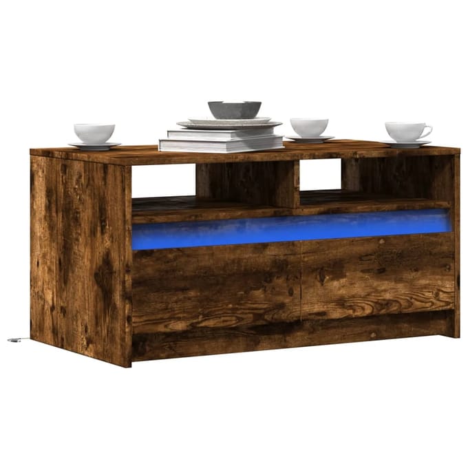 vidaXL - Salontafel - met - LED-verlichting - bewerkt - hout - gerookt - eikenkleur