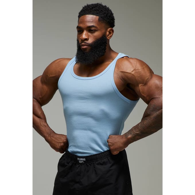 Heren Active Gym Muscle Fit Geribbelde Vest | Light Blue | Size Medium