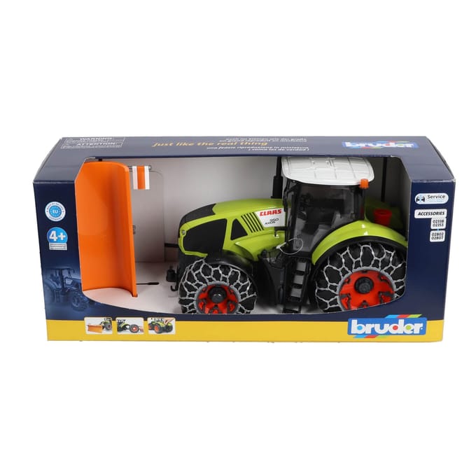 Bruder Claas Axion 950 met sneeuwkettingen + sneeuwschuif (1:16)