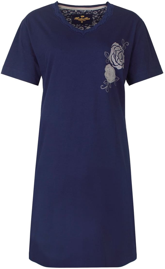 Medaillon Dames Nachthemd - Katoen - Korte Mouwen - Donker Blauw - Maat L