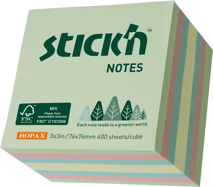 Stick'n Sticky Notes Kubus - FSC - 76x76mm - 4 Kleuren - 400 Memoblaadjes