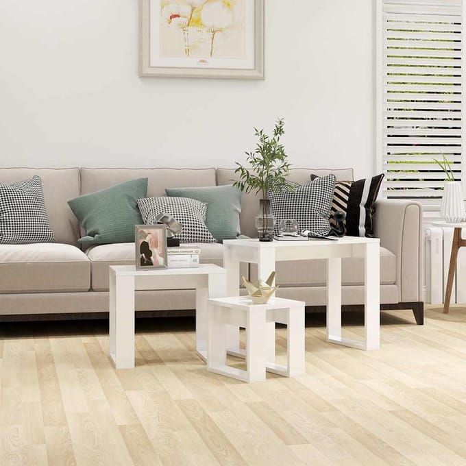 vidaXL - 3-delige - Tafeltjesset - bewerkt - hout - hoogglans - wit