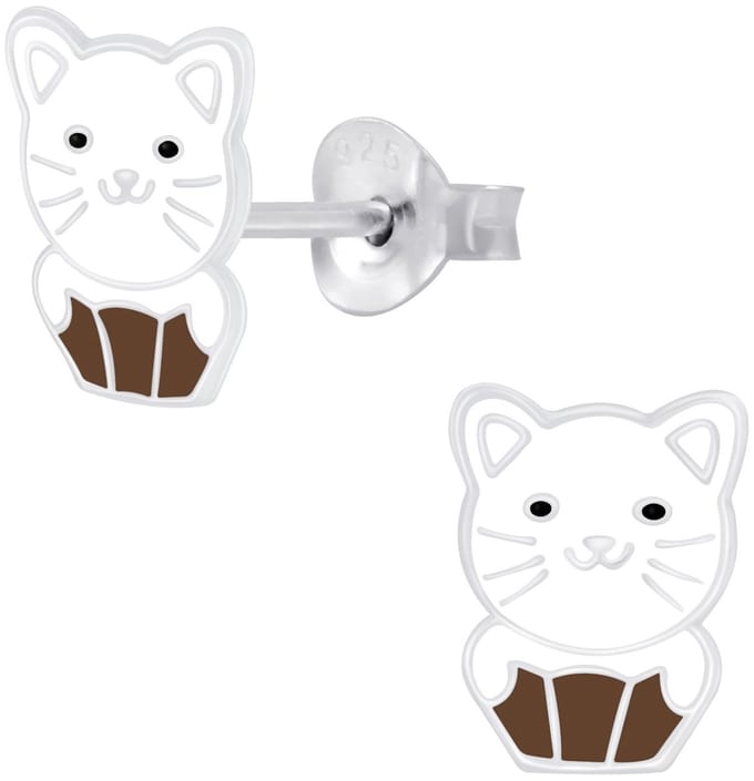 Joy|S - Zilveren cupcake kat poes oorbellen - wit