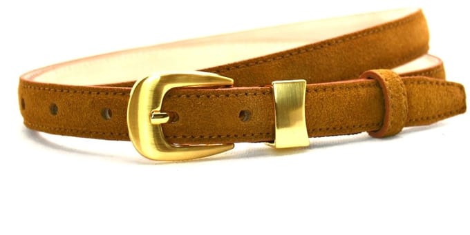 cognac suede riem - gouden gesp - 2 cm breed - maat 105 totale lengte 120 cm