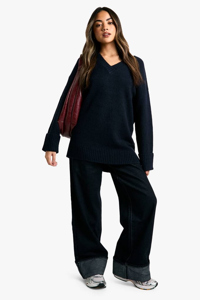boohoo Dames Gebreide V-hals Oversized Slordige Trui | Navy | Maat: Small
