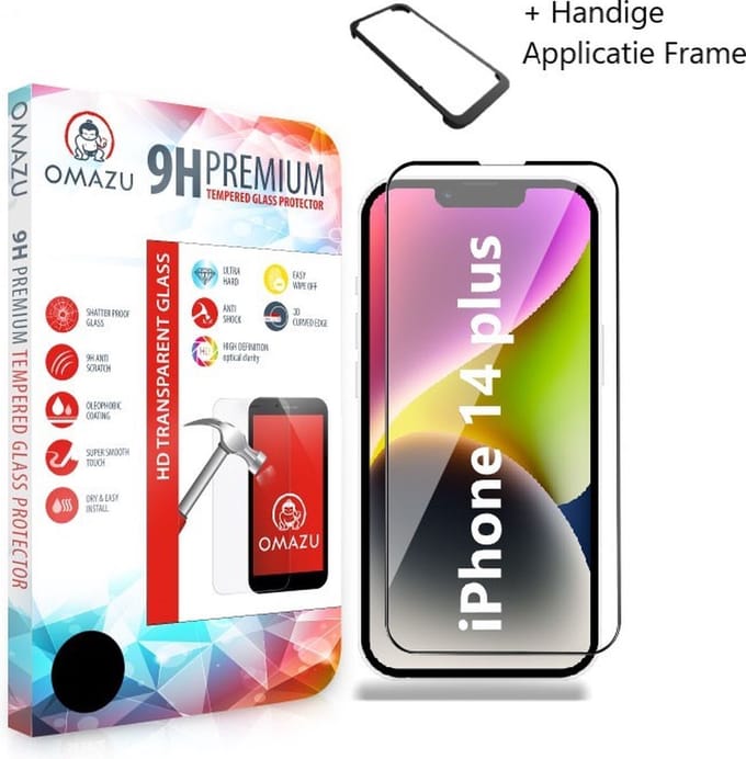 OMAZU 3D Tempered Glass Screenprotector, Geschikt voor Apple iPhone 14 / 15 -Plus - 6.7’’(Full Screen) Met handige installatie applicator, 1-Pack