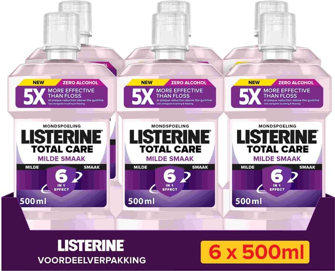 LISTERINE Total Care Extra Mild Alcoholvrij, zonder alcohol, extra milde muntsmaak, 6x500 ml