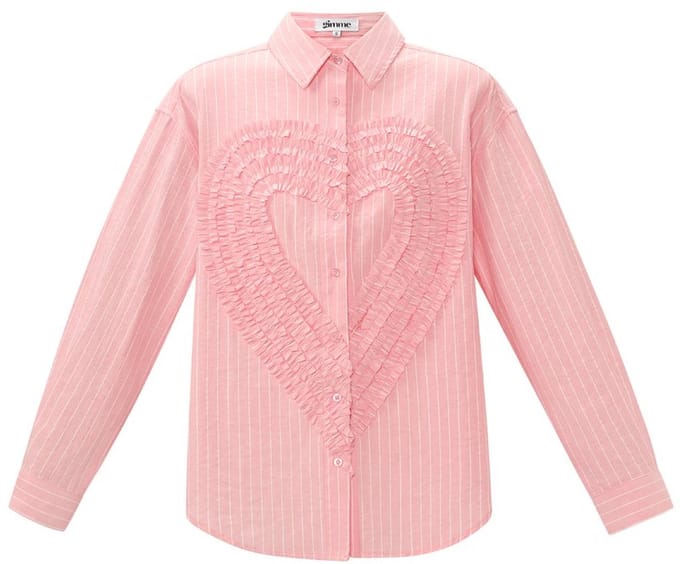 Eelegant Cotton Woven Damesoverhemd met Hartvormig Ruffledetail - Roze - Maat M
