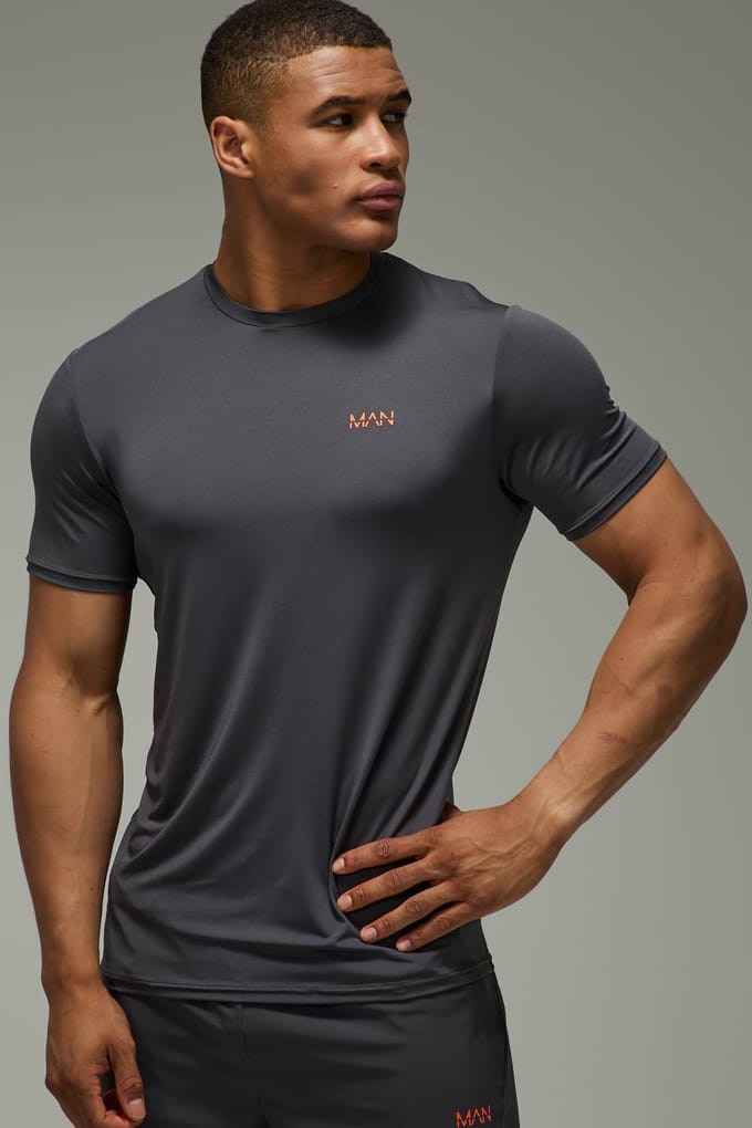 Man Active Performance Regular Fit Neon Logo T-Shirt | Dark Grey | Size Medium