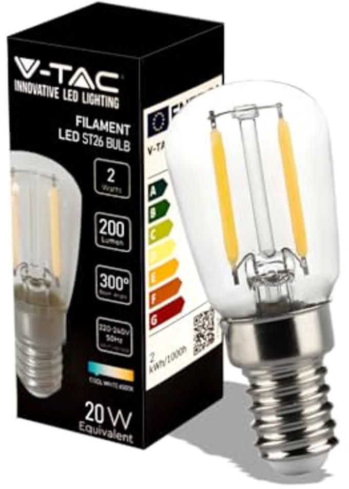 LED Filament Lamp for Refrigerator and Fixtures - E14 2W 200 Lumen - Energy Efficient T26 LED Bulbs - Cool White Light 6500K