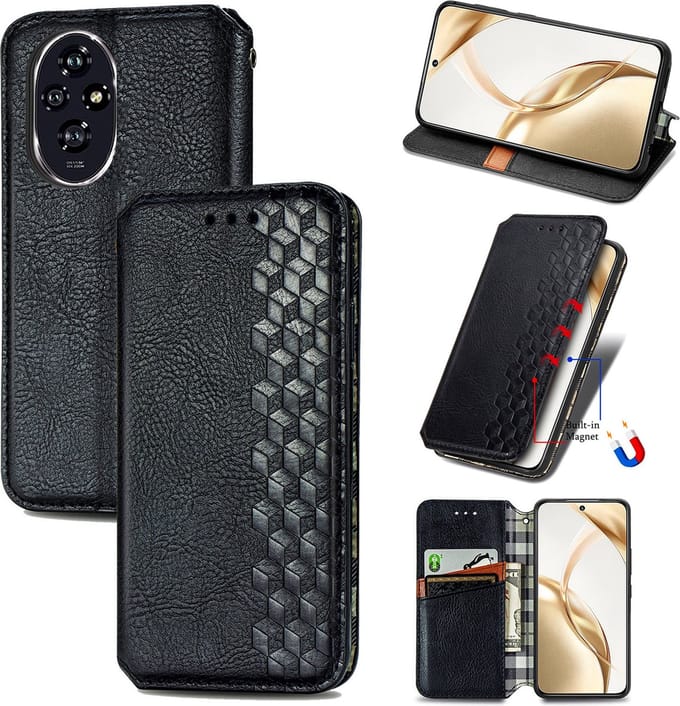 Luxe PU Lederen Ruitpatroon Wallet Case voor Honor 200 _ Zwart