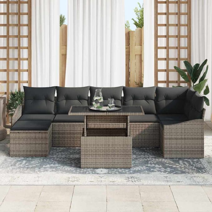 vidaXL Tuinbank Set met kussen met opslag 8 pcs Grijs poly rattan