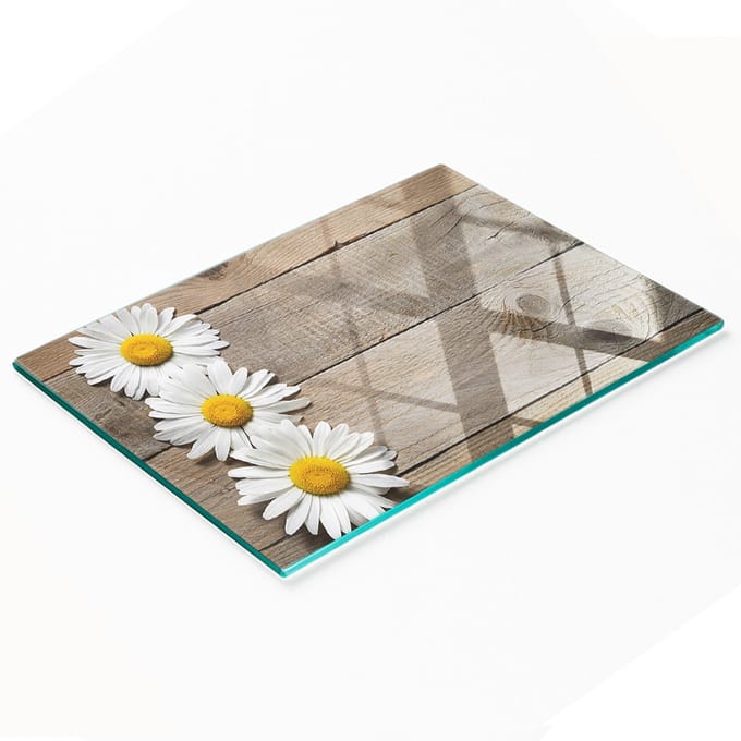 Glazen serveerplank met afbeelding, madeliefjeshout, 80x52 cm