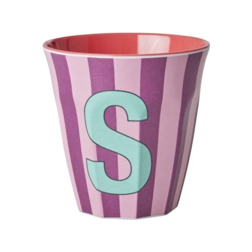 Rice melamine beker medium gestreept letter s, roze