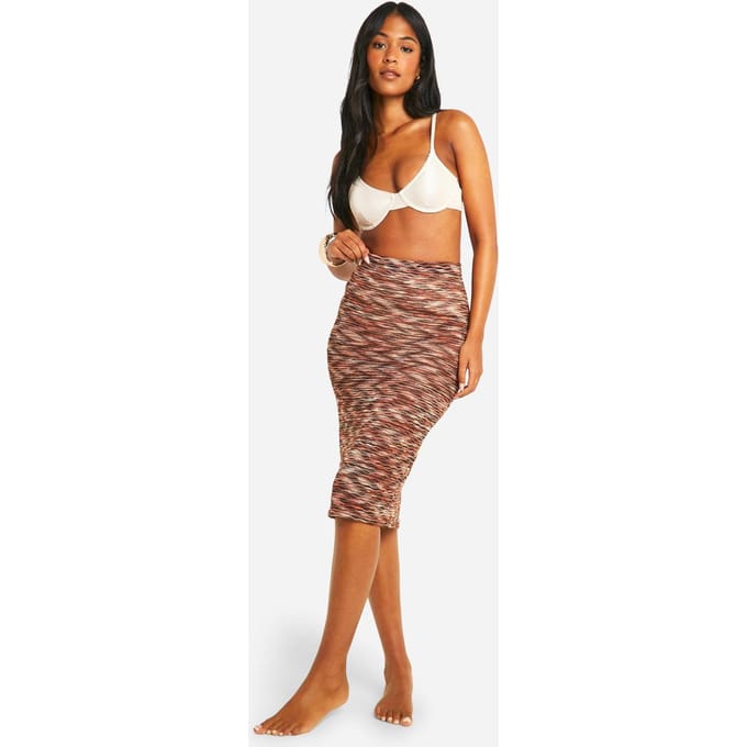 boohoo Dames Lange Multi Gebreide Beach Midaxi Rok | Bruin | Maat: 36