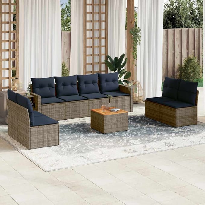 vidaXL - 9-delige - tuinbankset - met - kussens, - grijs - polyrotan