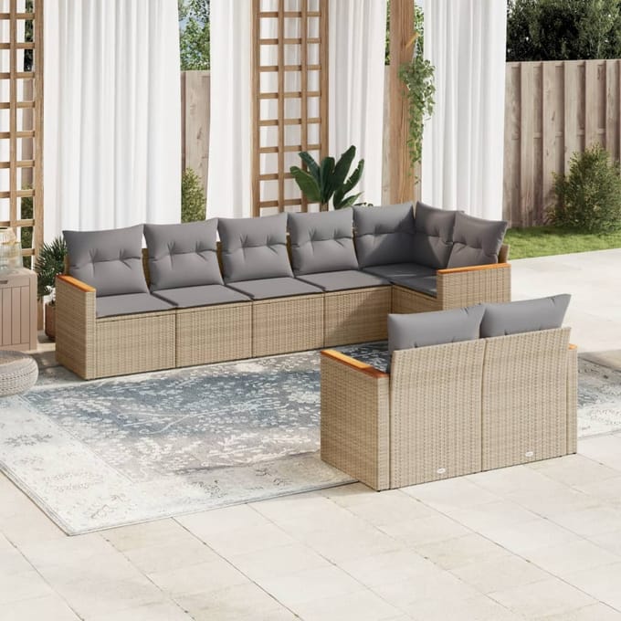 vidaXL - 8-delige - Loungeset - met - kussens - poly - rattan - gemengd - beige