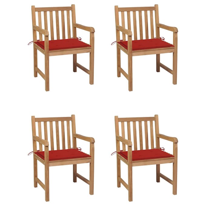 vidaXL - Tuinstoelen - 4 - st - met - rode - kussens - massief - teakhout