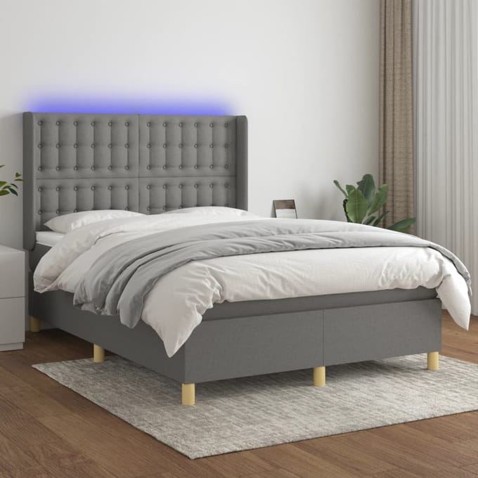 vidaXL - Boxspring - met - matras - en - LED - stof - donkergrijs - 140x190 - cm