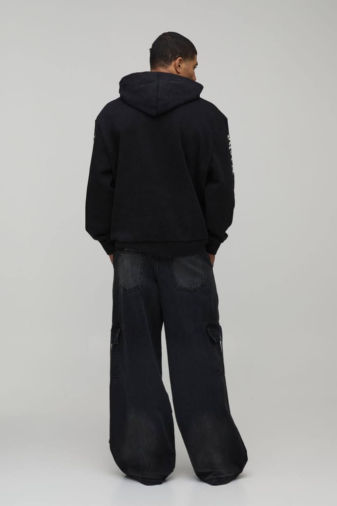 Oversized Gothic Gewassen Bedrukte Hoodie | Washed Black | Size Medium
