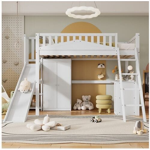 Merax Hoogslaper 90 x 200 cm met glijbaan, kledingkast en bureau - Dennen + MDF + multiplex - Lattenbodem - Wit