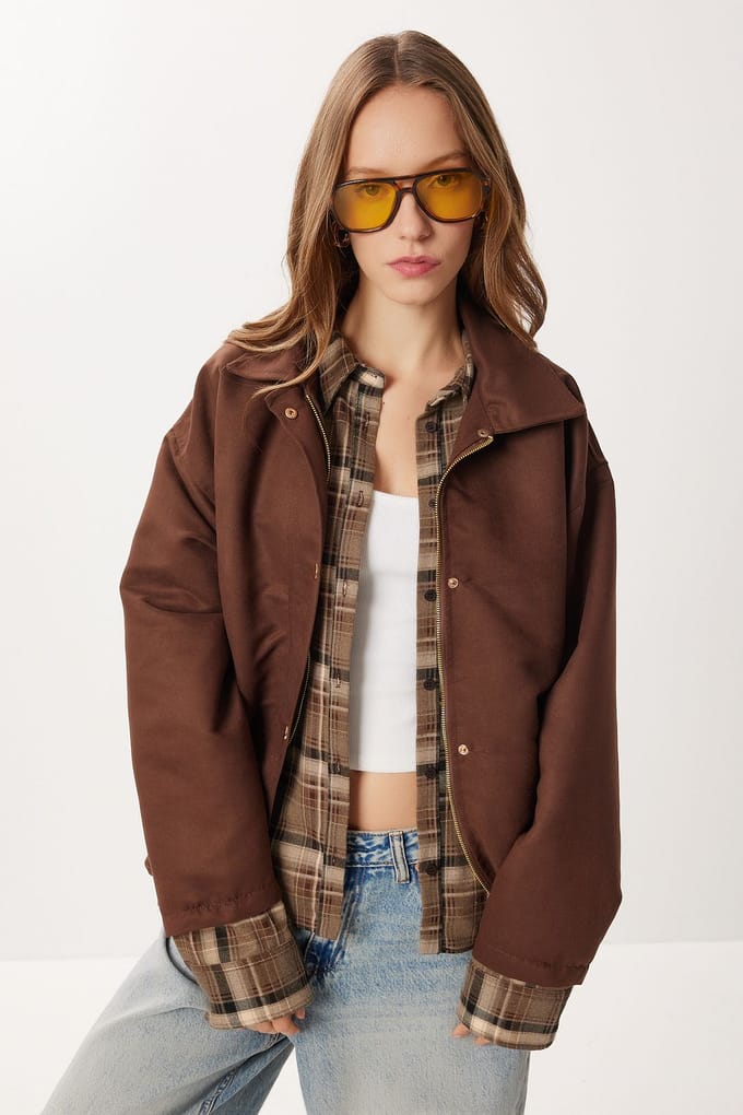 Oversized Gabardine Jas met Rits Sluiting