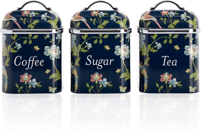 Laura Ashley Kitchen Storage Boxes Set of 3 – Stainless Steel – For Tea, Coffee & Sugar – Removable Lids – Elveden Navy