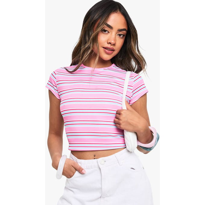 boohoo Dames Gestreepte Rib Cap Sleeve Baby Tee | Roze | Maat: 34