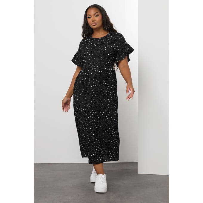 Yours Zwarte Polka Dot Volant Mouw Midaxi Jurk Size 48