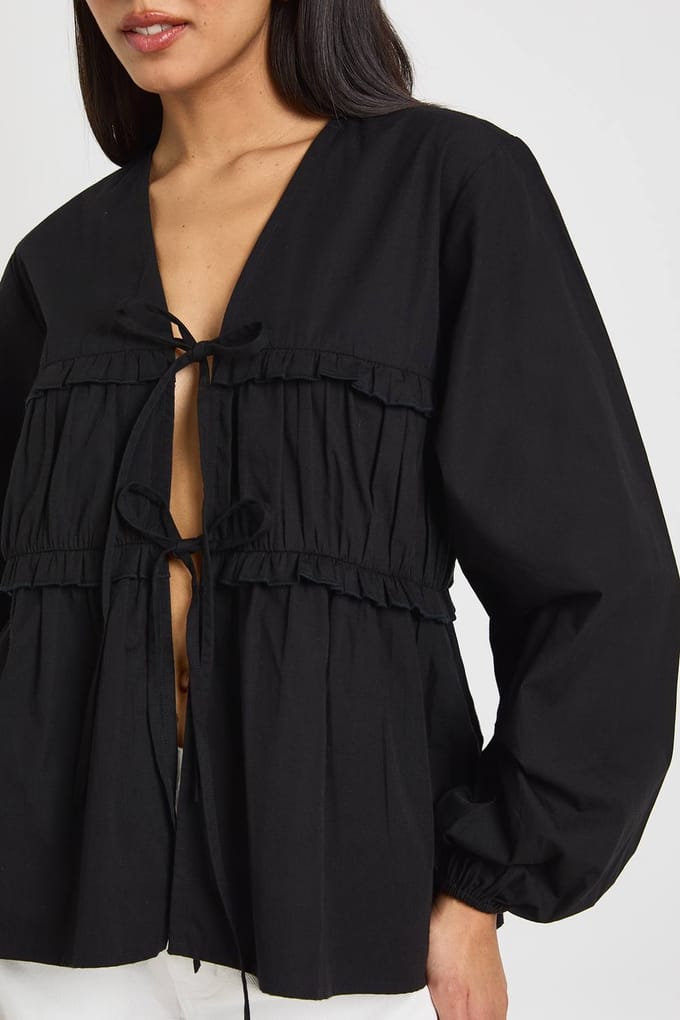 boohoo Dames Strikblouse met Ruches in Poplin | Zwart | Maat: 38