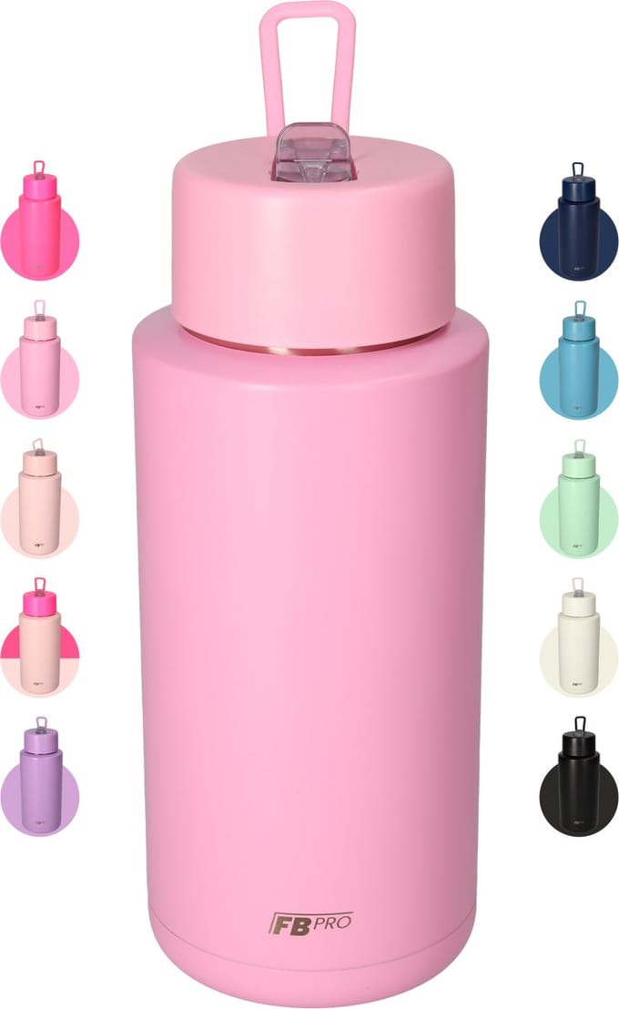 Thermosfles, Waterfles, Drinkfles – Modern & Slank Design – 1000 ml – Lichtroze – Met Uitklapbare Drinktuit