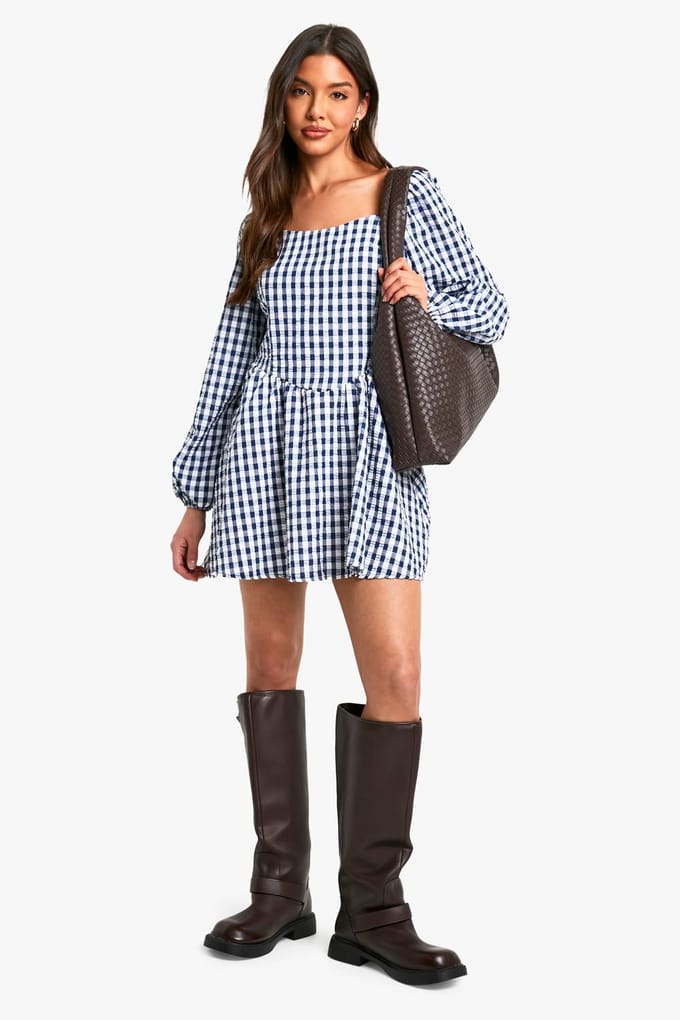 boohoo Dames Gingham Mini Jurk met Lange Mouwen | Navy | Maat: 8
