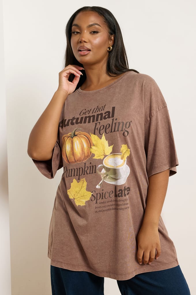 Yours Curve Bruin Herfstprint Relaxed Tshirt Size 42