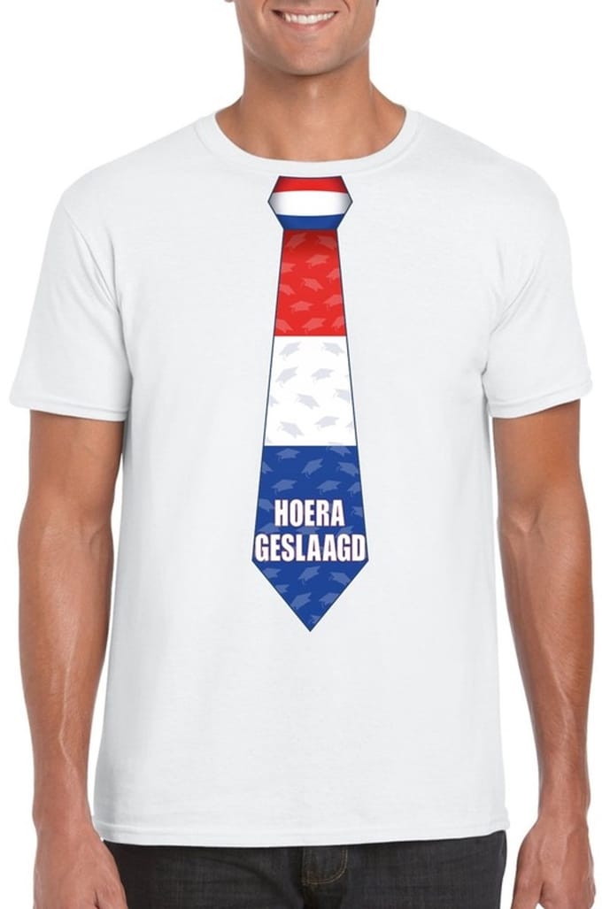 Geslaagd t-shirt wit met stropdas heren XL