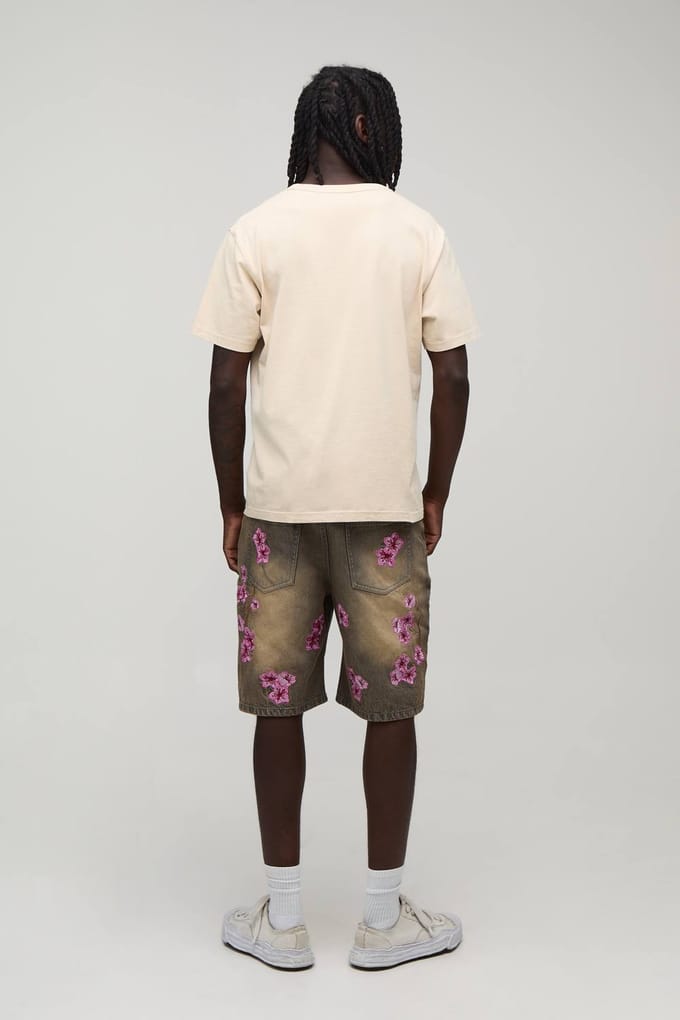 Gebloemde Geborduurd Relaxed Denim Short | Stonewash | Size 36