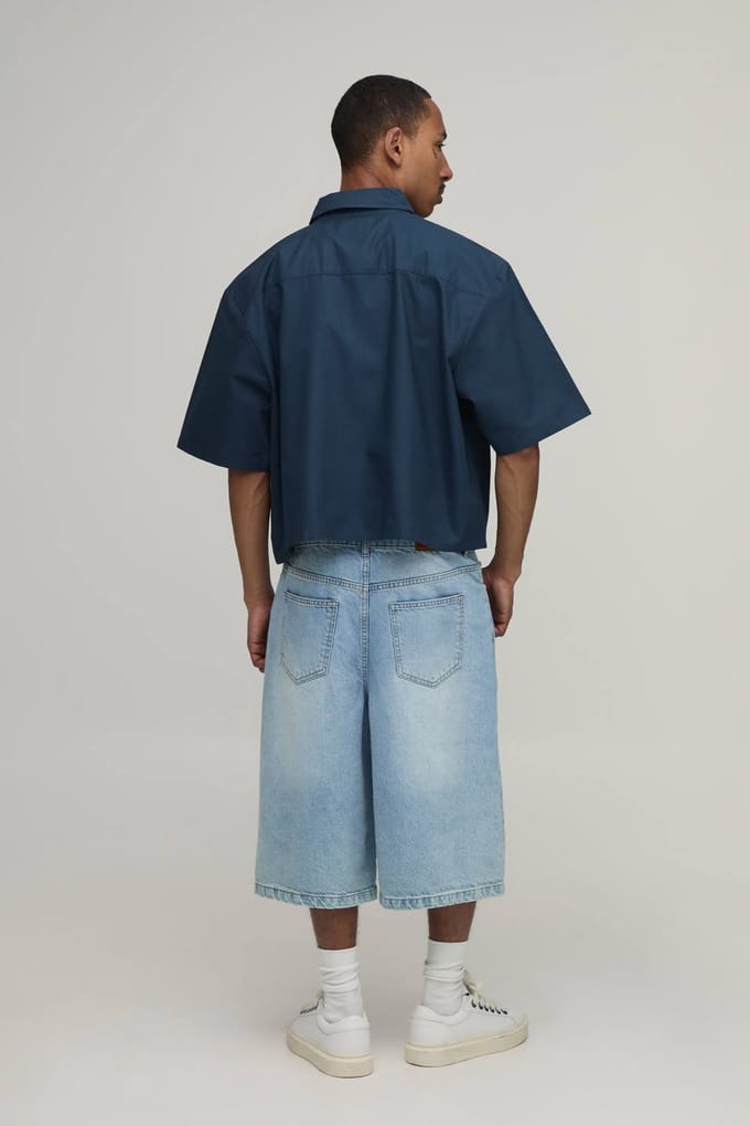 Oversized Crop Half Sleeve Oxford Shirt | Navy | Size Medium