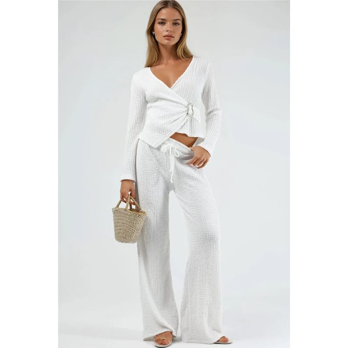 Textuur Wide Leg Broek met Trekkoord Taille