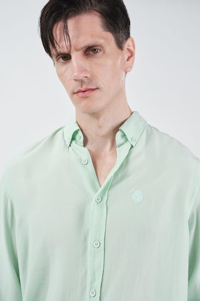 Heren Regular Fit Knop Kraag Effen Tencel Overhemd