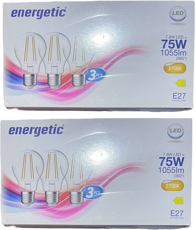 6 stuks (2 x 3) Energetic Filament LED lamp A60 (peer model) warm wit 7,8 Watt ( 75w )