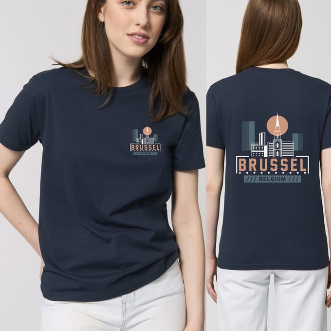 T Shirt Heren en Dames - Brussel Logo Print - Blauw - Maat S